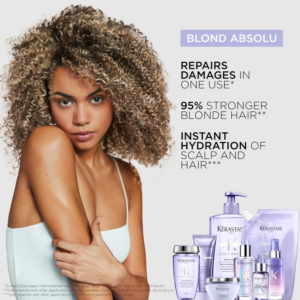 KÉRASTASE Blond Absolu Lumière hair after use shows radiant shine and smooth texture