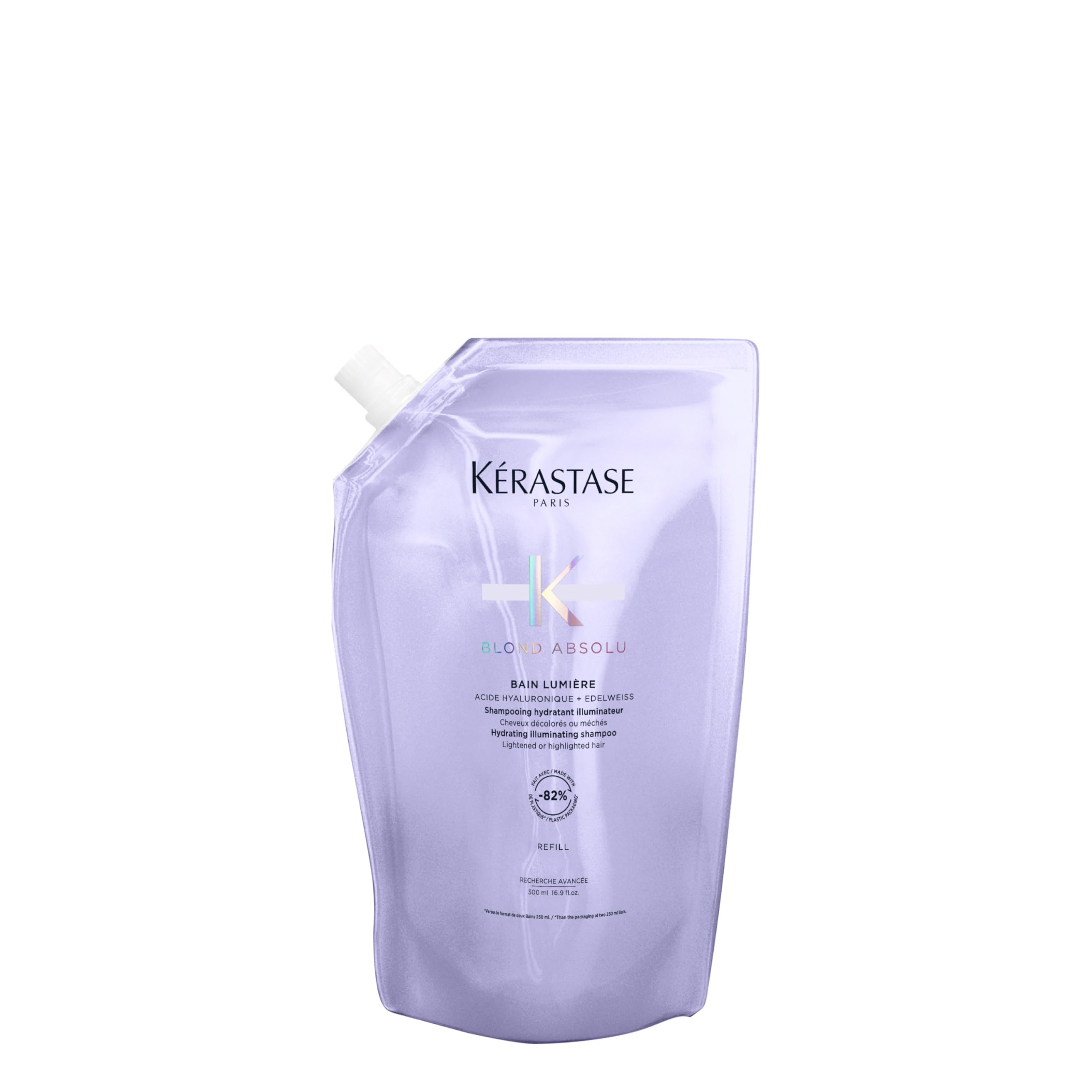 KÉRASTASE Blond Absolu Lumière shampoo bottle highlights hydrating formula for luminous hair.