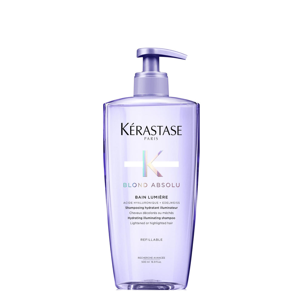 Kerastase Blond Absolu Lumière shampoo bottle shows hydrating, luminous formula for highlighted hair.
