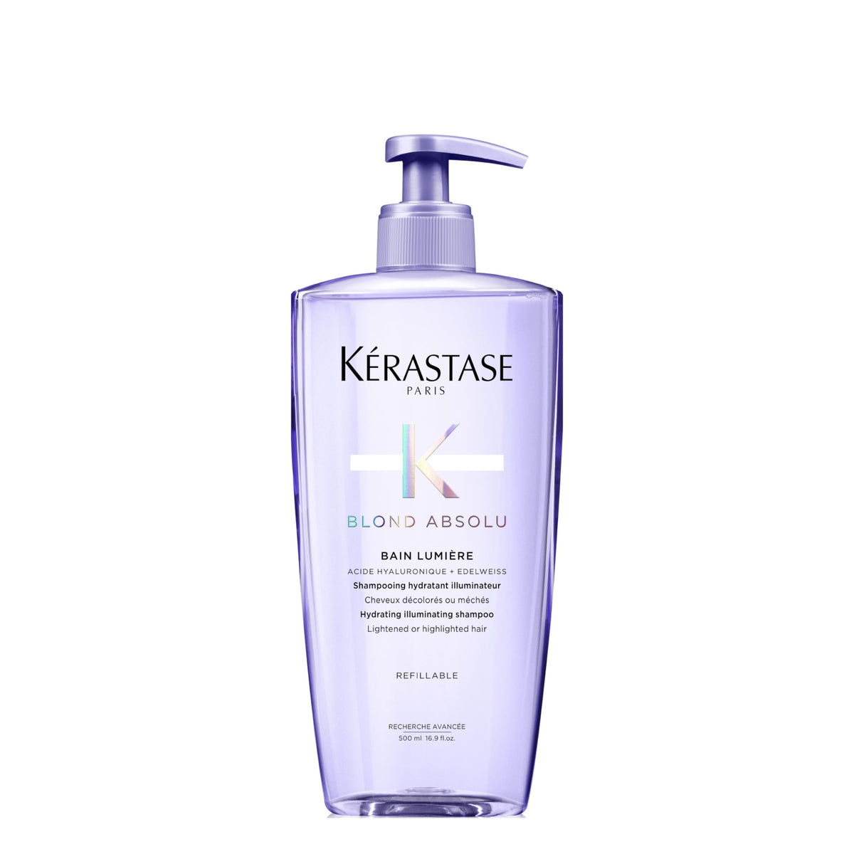 Kerastase Blond Absolu Lumière shampoo bottle shows hydrating, luminous formula for highlighted hair.