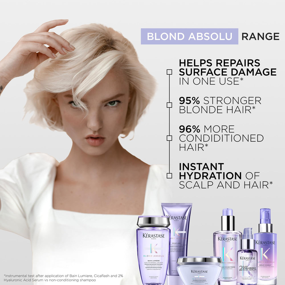 KÉRASTASE Blond Absolu Lumière hair glow image suggests vibrant, illuminated strands.
