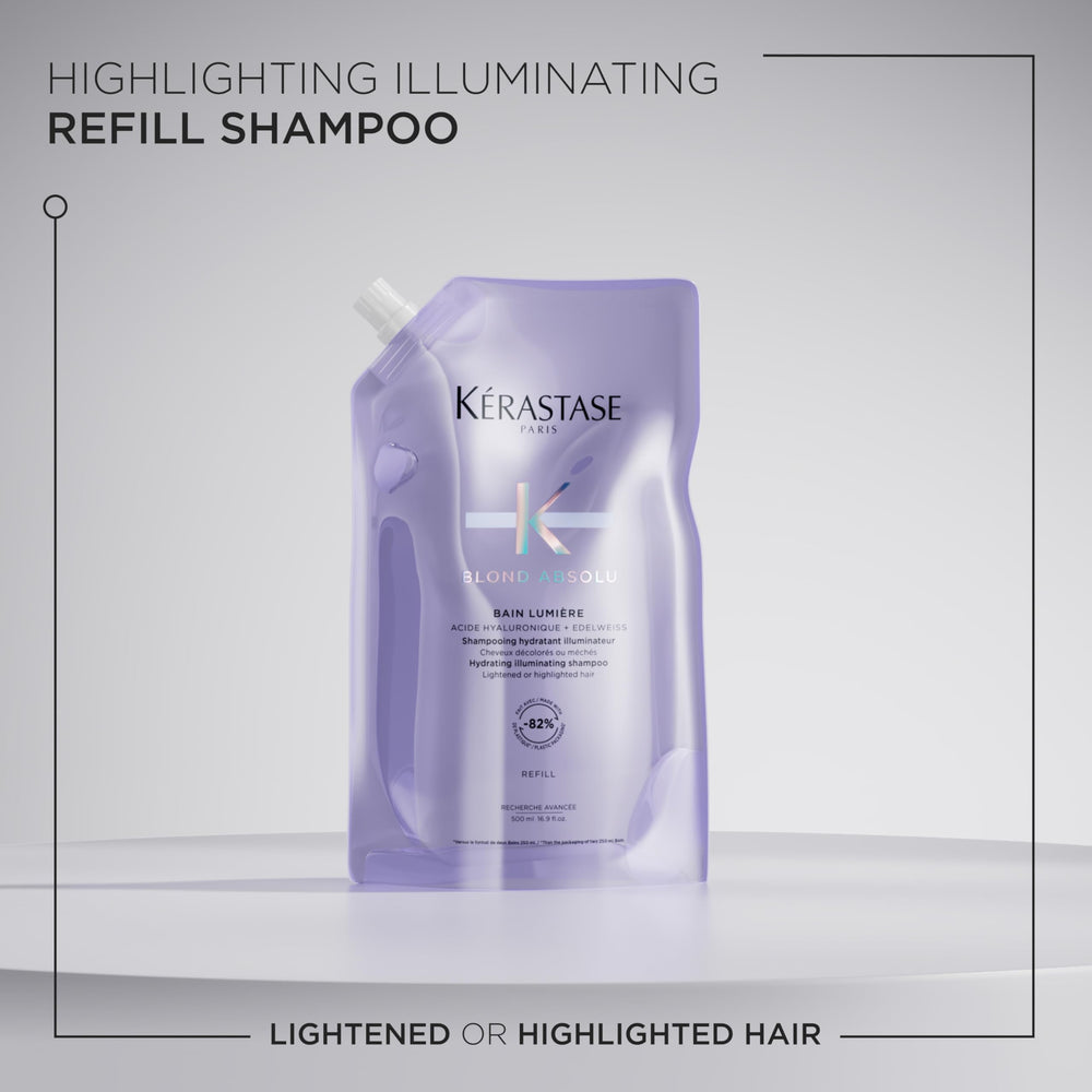 KÉRASTASE Blond Absolu Lumière refill bottle promotes eco-friendly routine with hydration.