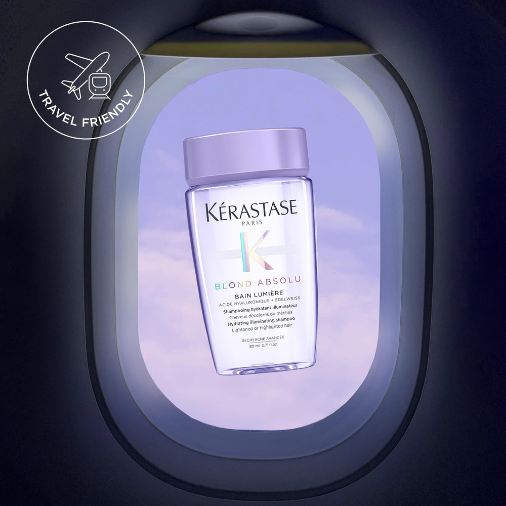 KÉRASTASE Blond Absolu Lumière shiny hair glow on model showcases illuminated hair effect