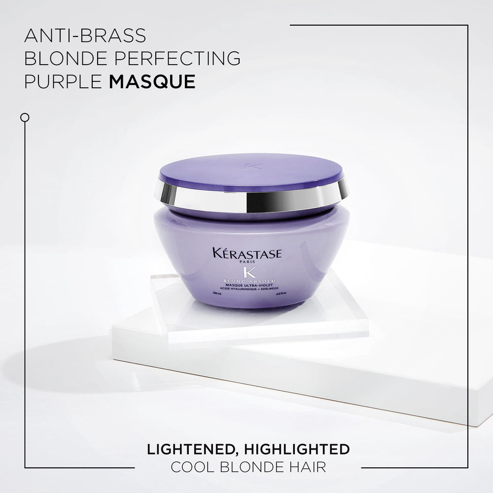 Kerastase Blond Absolu purple mask jar shows rich pigments for brassy neutralization.