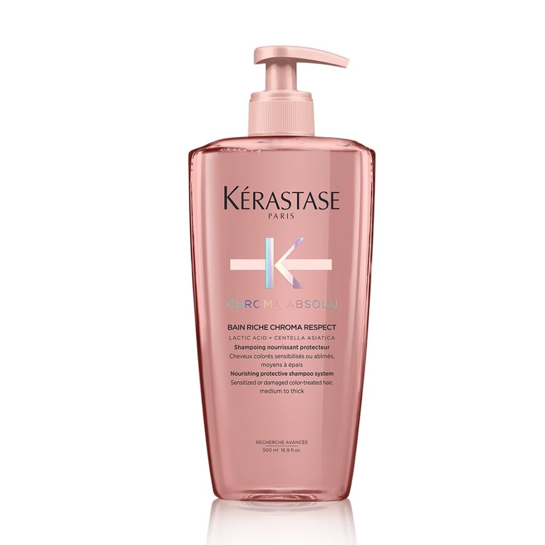 Kérastase Chroma Respect shampoo bottle shows color protection for color-treated hair.