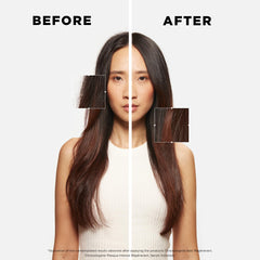 KÉRASTASE Chronologiste mask applied through hair shows smoothing and frizz control.