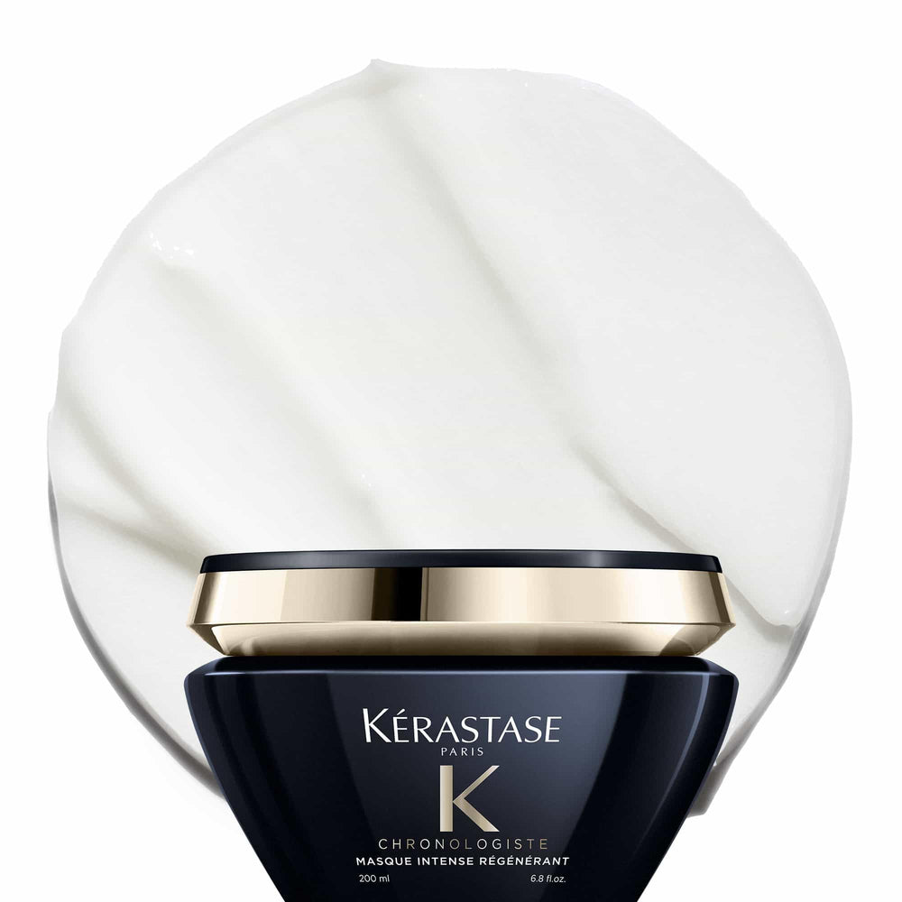 KÉRASTASE Chronologiste hair mask jar close-up shows rich formula for deep hydration.