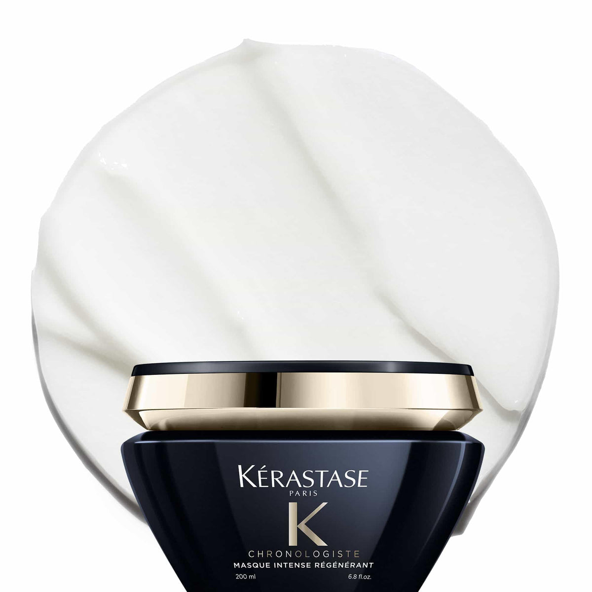 KÉRASTASE Chronologiste hair mask jar close-up shows rich formula for deep hydration.