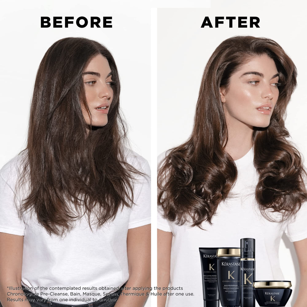 KÉRASTASE Chronologiste serum on damp hair suggests 24 hour frizz control in humidity