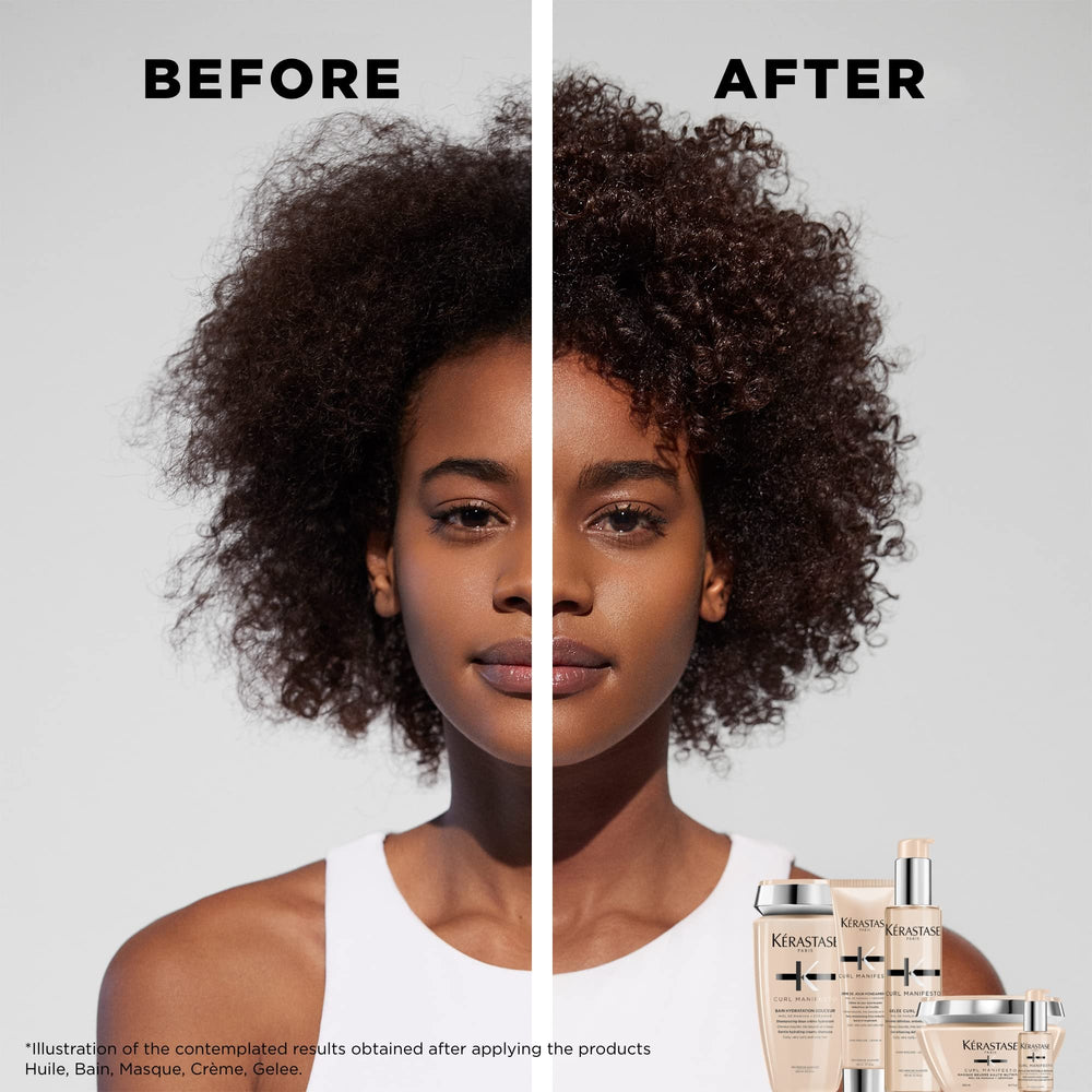 Hands distributing conditioner through curls during application