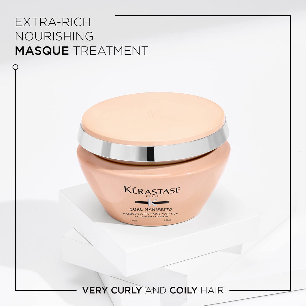 KÉRASTASE Curl Manifesto hair mask tube image emphasizing creamy texture and frizz control benefits.