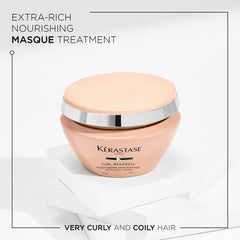 KÉRASTASE Curl Manifesto hair mask tube image emphasizing creamy texture and frizz control benefits.