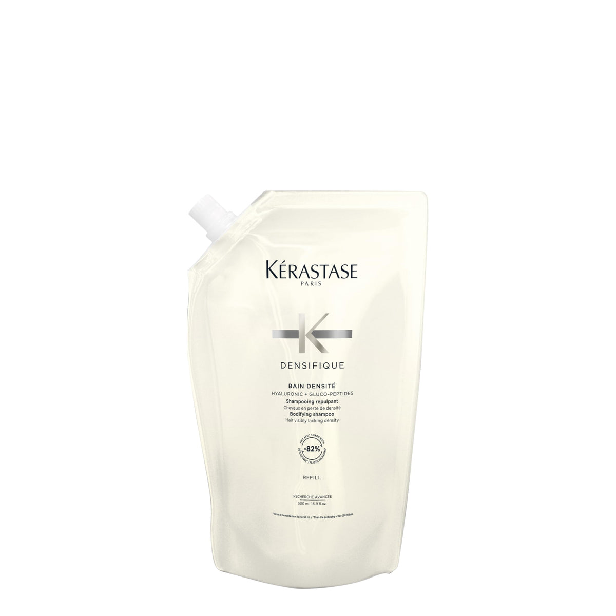 Kérastase Densifique refill pouch front view emphasizes eco-friendly packaging for fuller hair