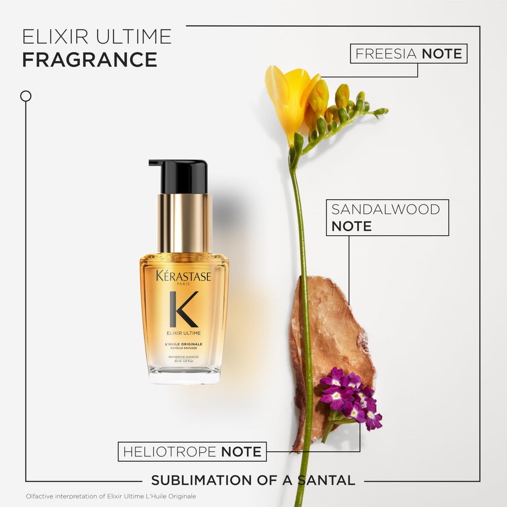 Kerastase Elixir Ultime frizz-control application shows smoothing impact during styling.