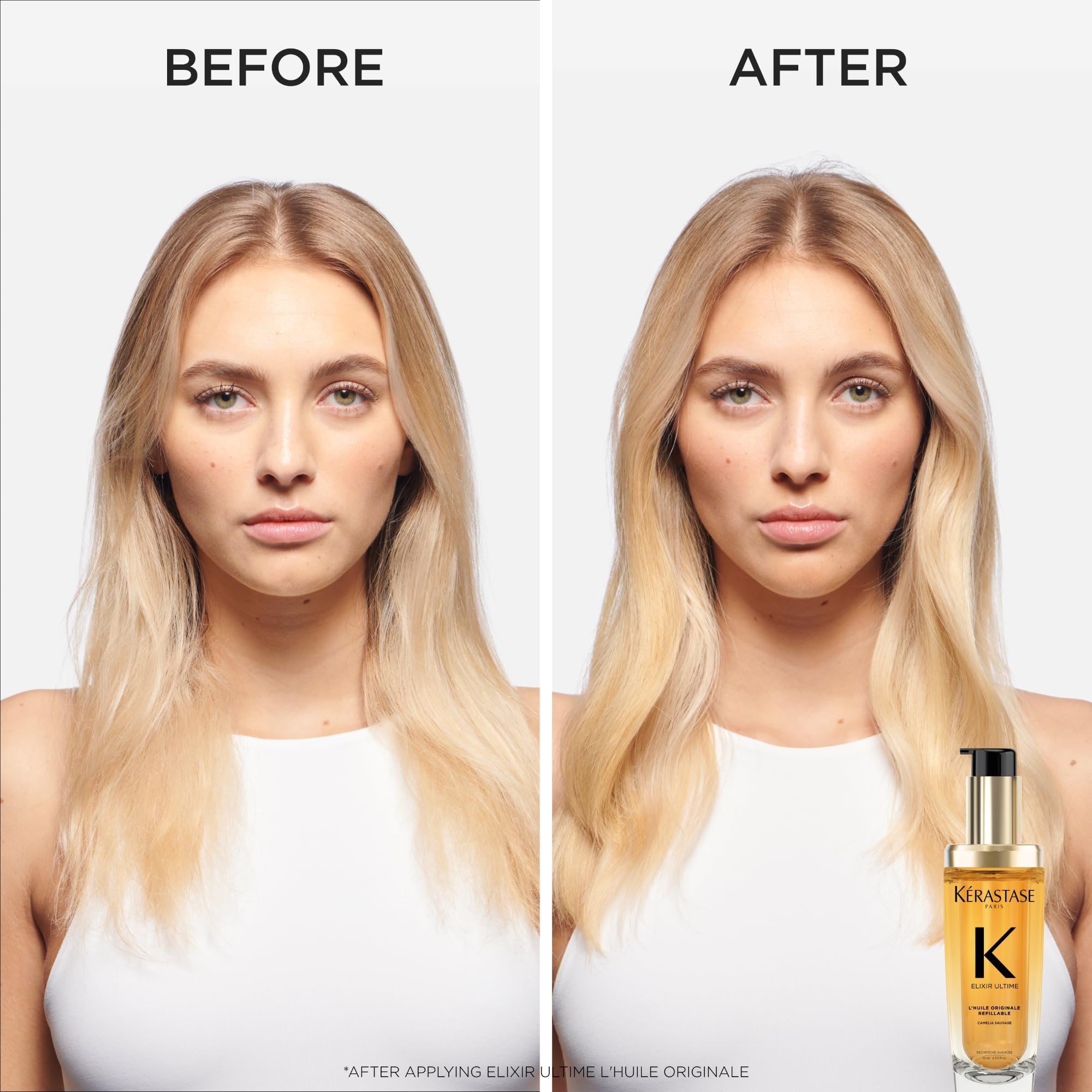 Kerastase Elixir Ultime hair shine close-up conveys reflective gloss and smooth texture.
