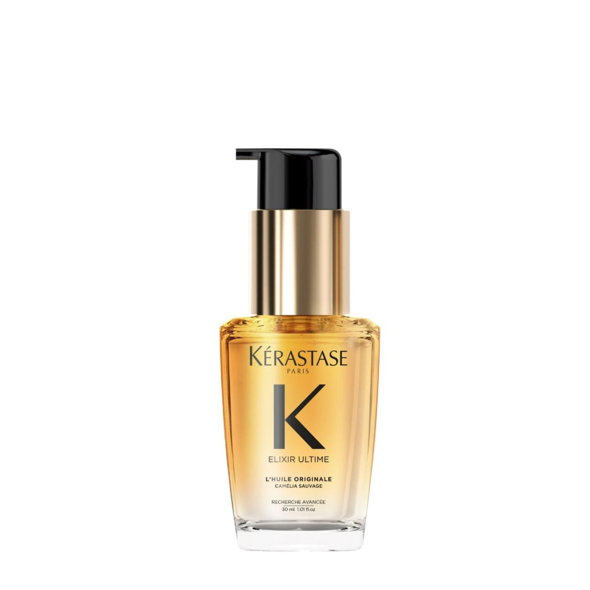 Kerastase Elixir Ultime oil bottle highlights shine and frizz control.
