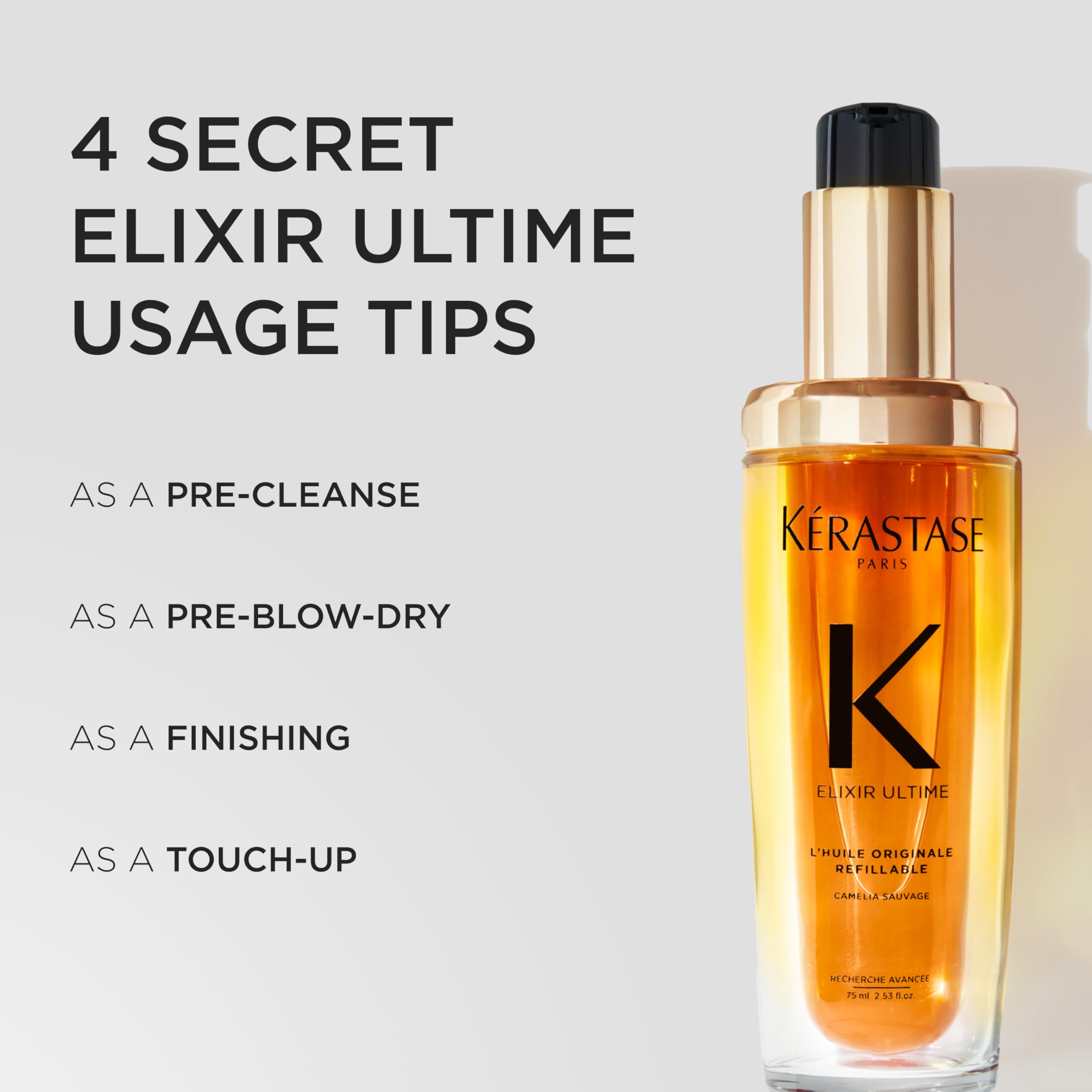 KÉRASTASE Elixir Ultime recycled glass packaging signals eco-conscious design.