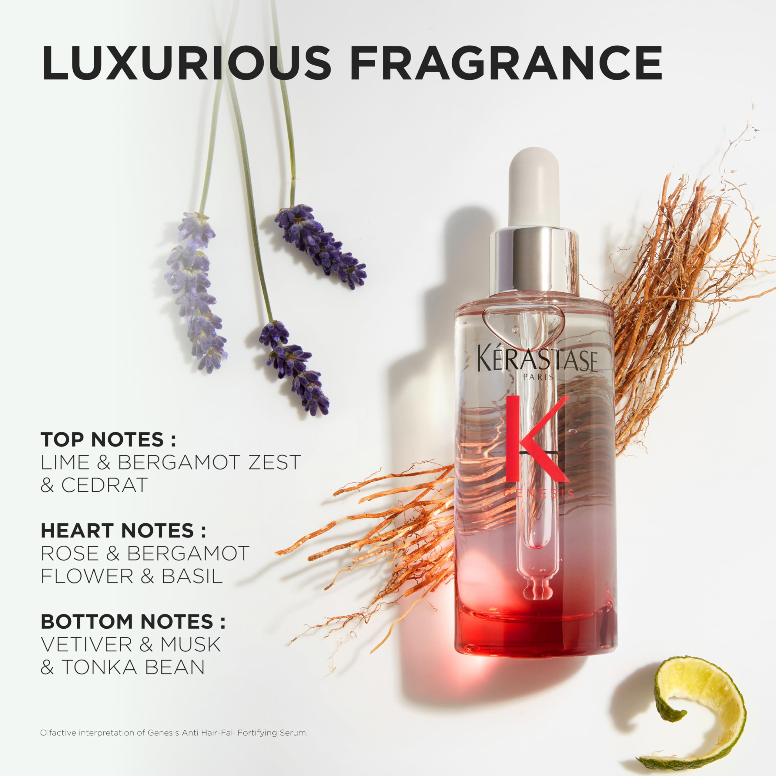 Kérastase Genesis serum label close-up emphasizes silicone-free fortifying formula.