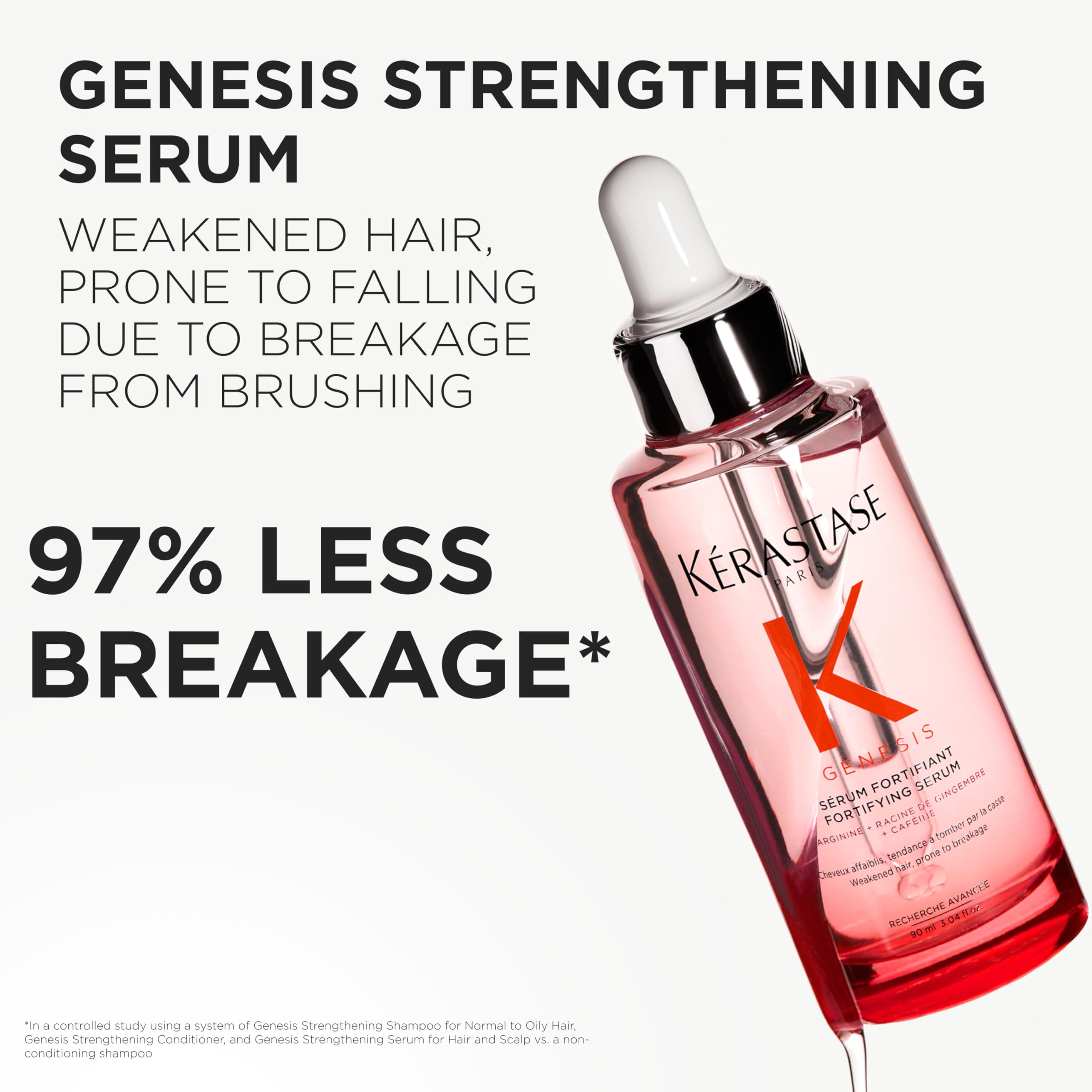 Kérastase Genesis hair serum dispense close-up highlights daily strengthening delivery.