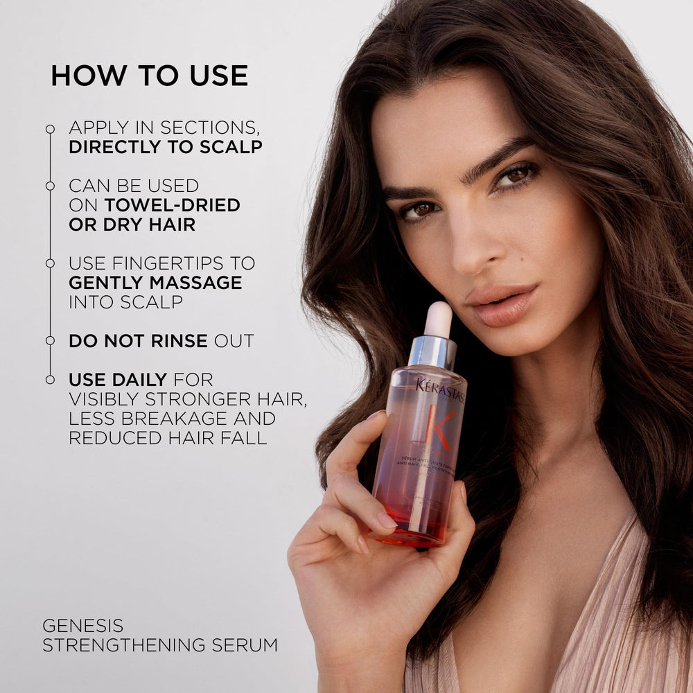 Kérastase Genesis hair serum ginger and caffeine ingredients close-up highlights active scalp support.