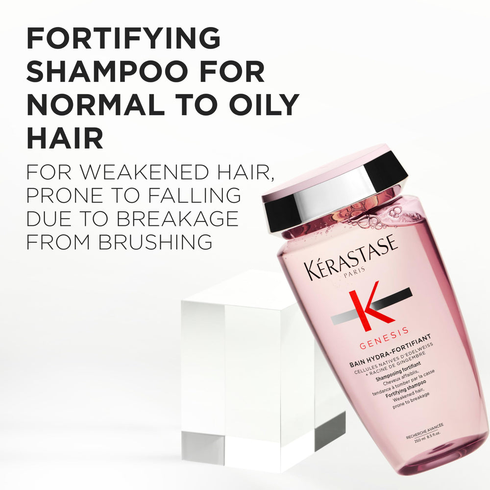 Kérastase Genesis Hydra-Fortifiant Shampoo foamy lather illustrates gentle cleansing for oily to normal hair.