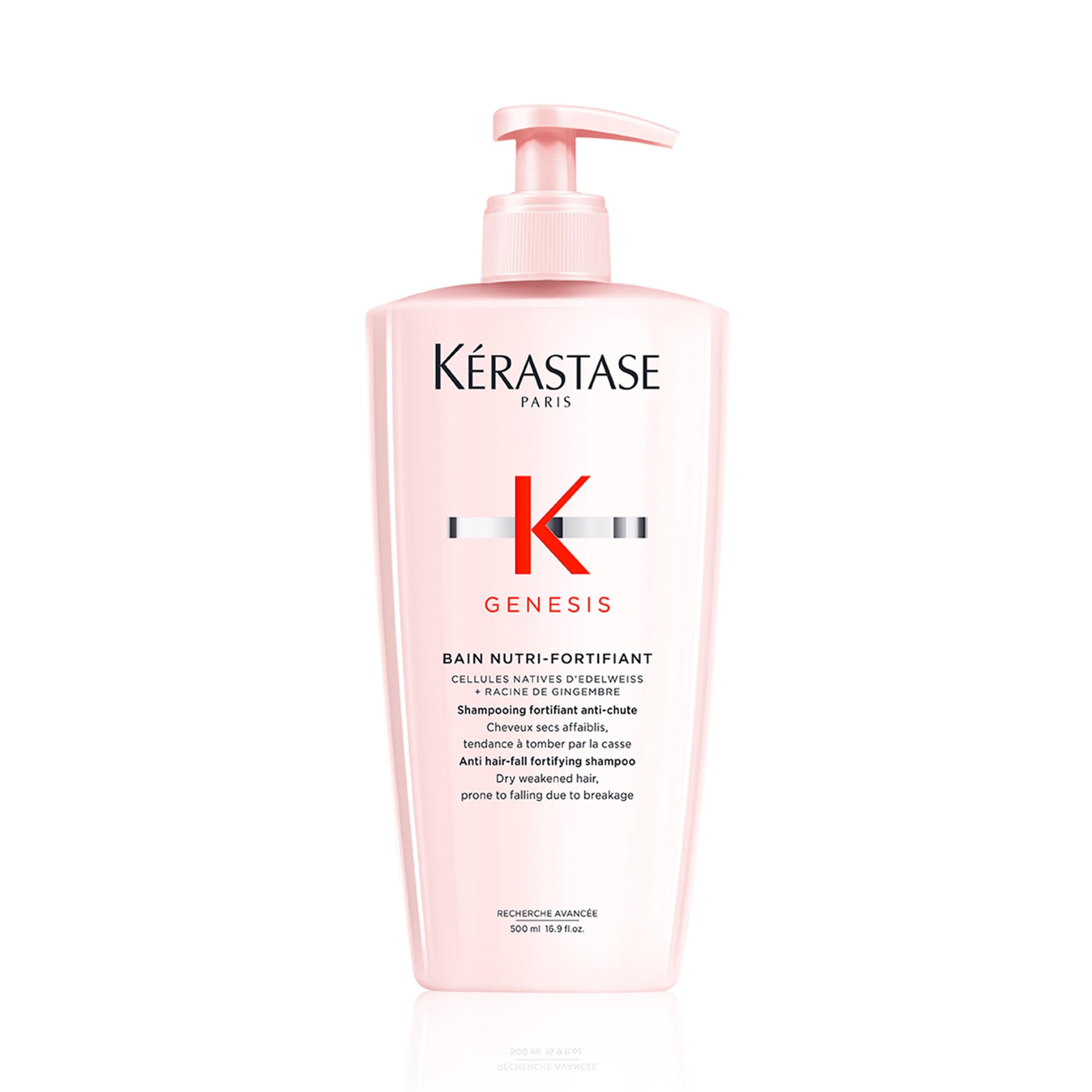 Kérastase Genesis Strengthening Shampoo bottle pours to cleanse scalp and fortify hair