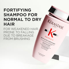 KÉRASTASE Genesis Strengthening Shampoo bottle-pour demonstrates easy application and gentle cleansing.