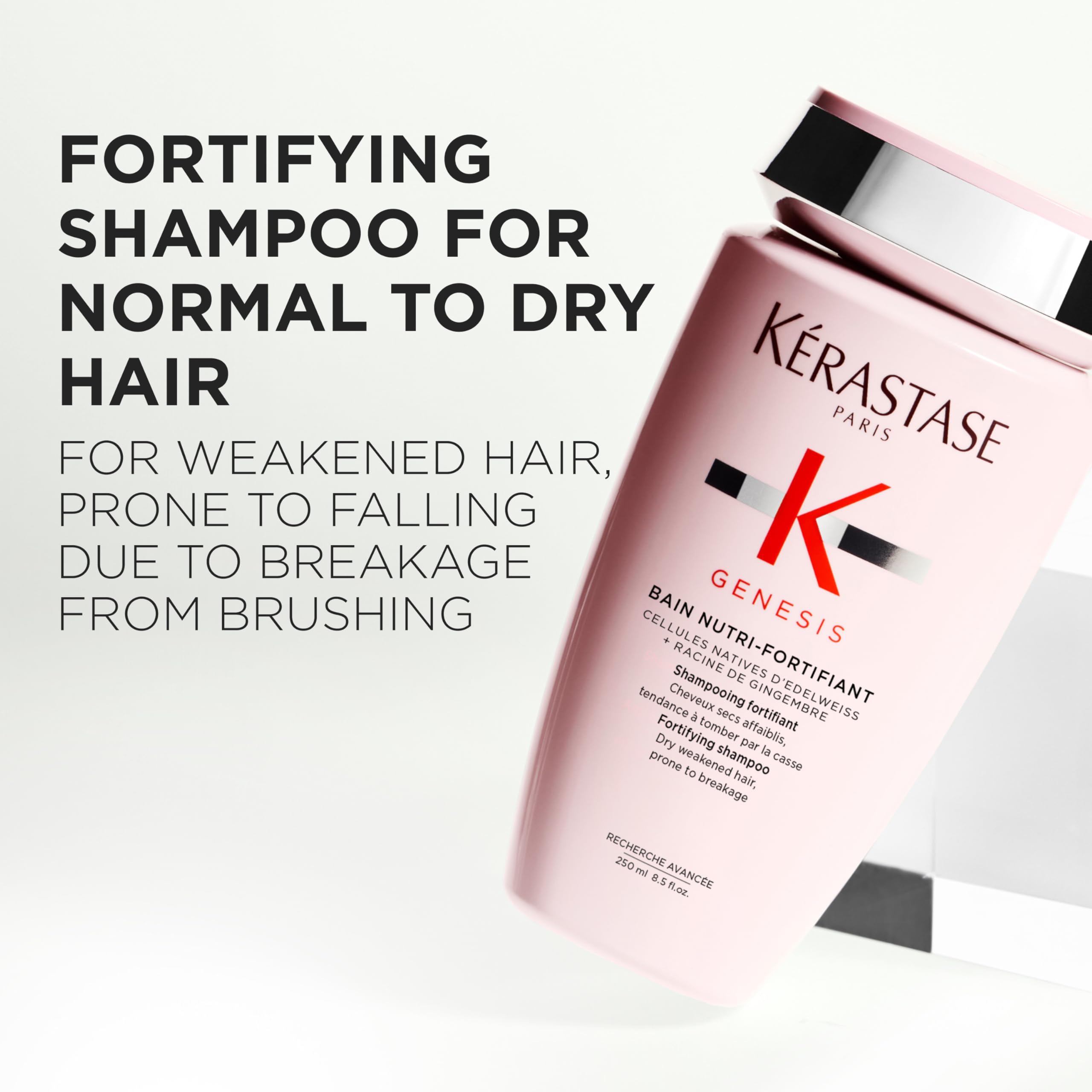 Kérastase Genesis Strengthening Shampoo bottle label highlights fortifying care for weak hair