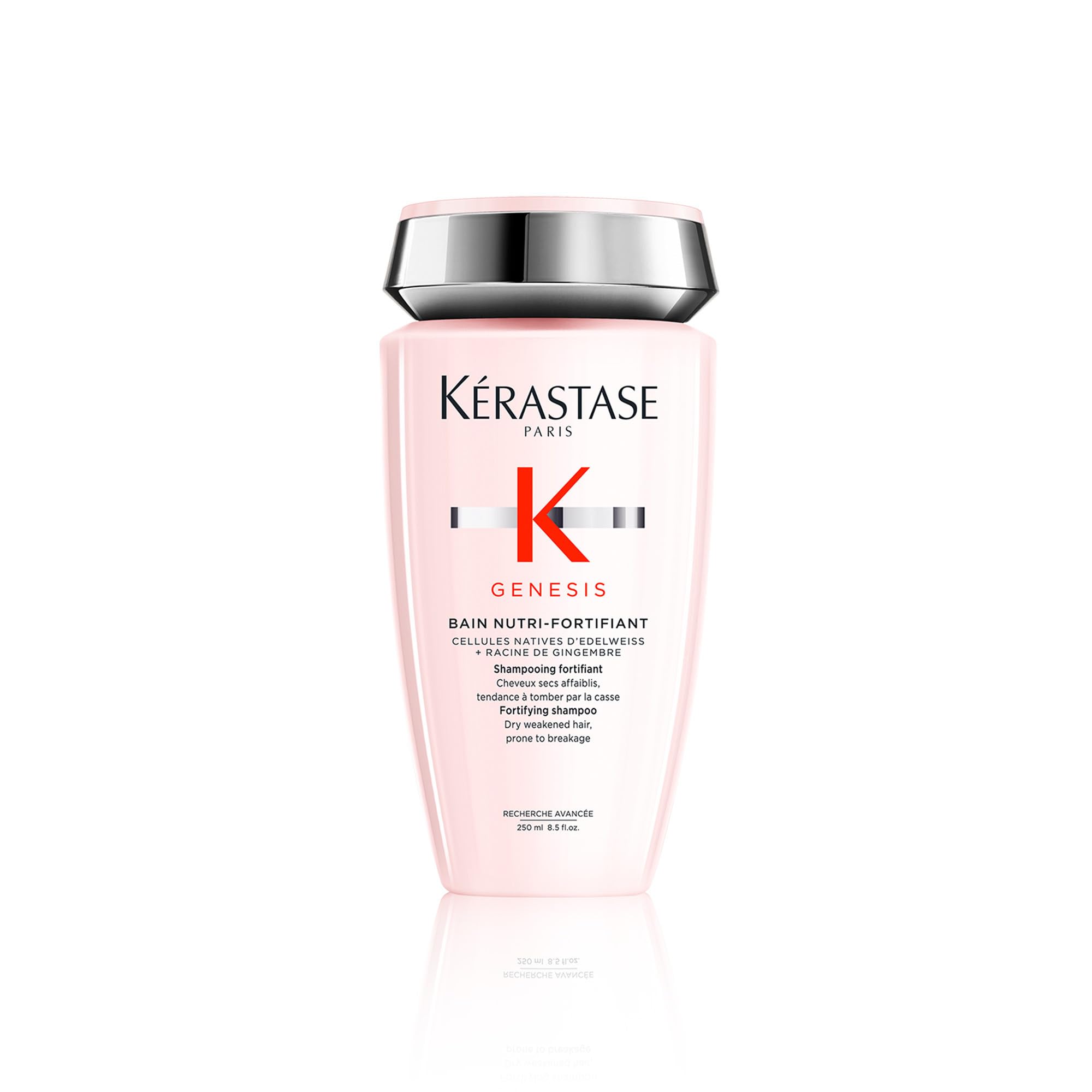KÉRASTASE Genesis Strengthening Shampoo packaging signals premium care for weakened hair.