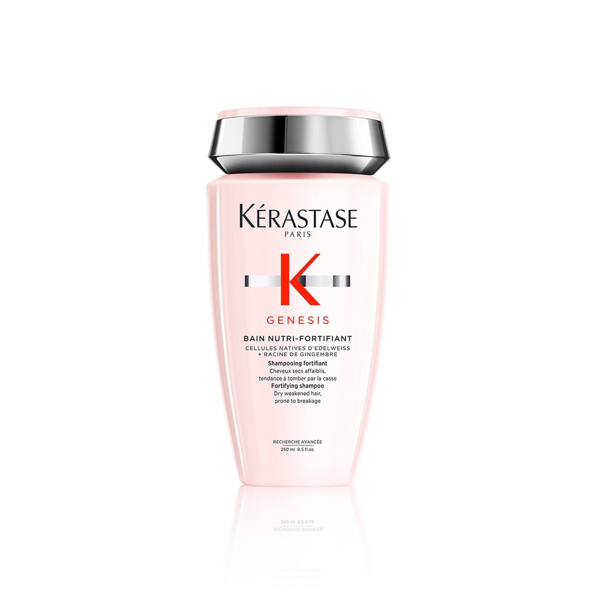KÉRASTASE Genesis Strengthening Shampoo packaging signals premium care for weakened hair.