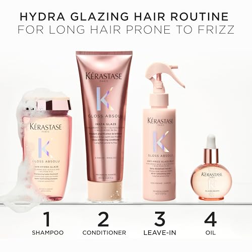 KERASTASE Gloss Absolu bathroom-setup suggests at-home gloss and anti-frizz care.