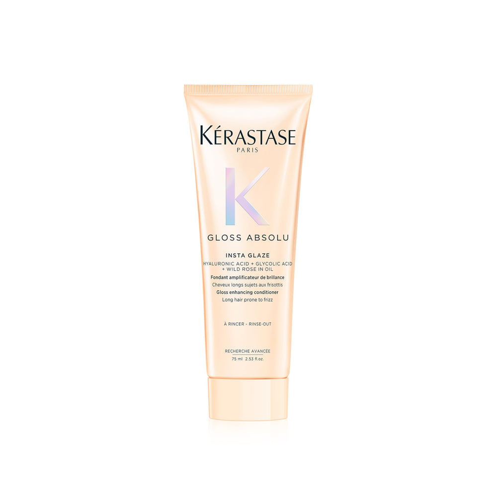Kerastase Gloss Absolu bottle shows sleek packaging delivering deep hydration and radiant shine.