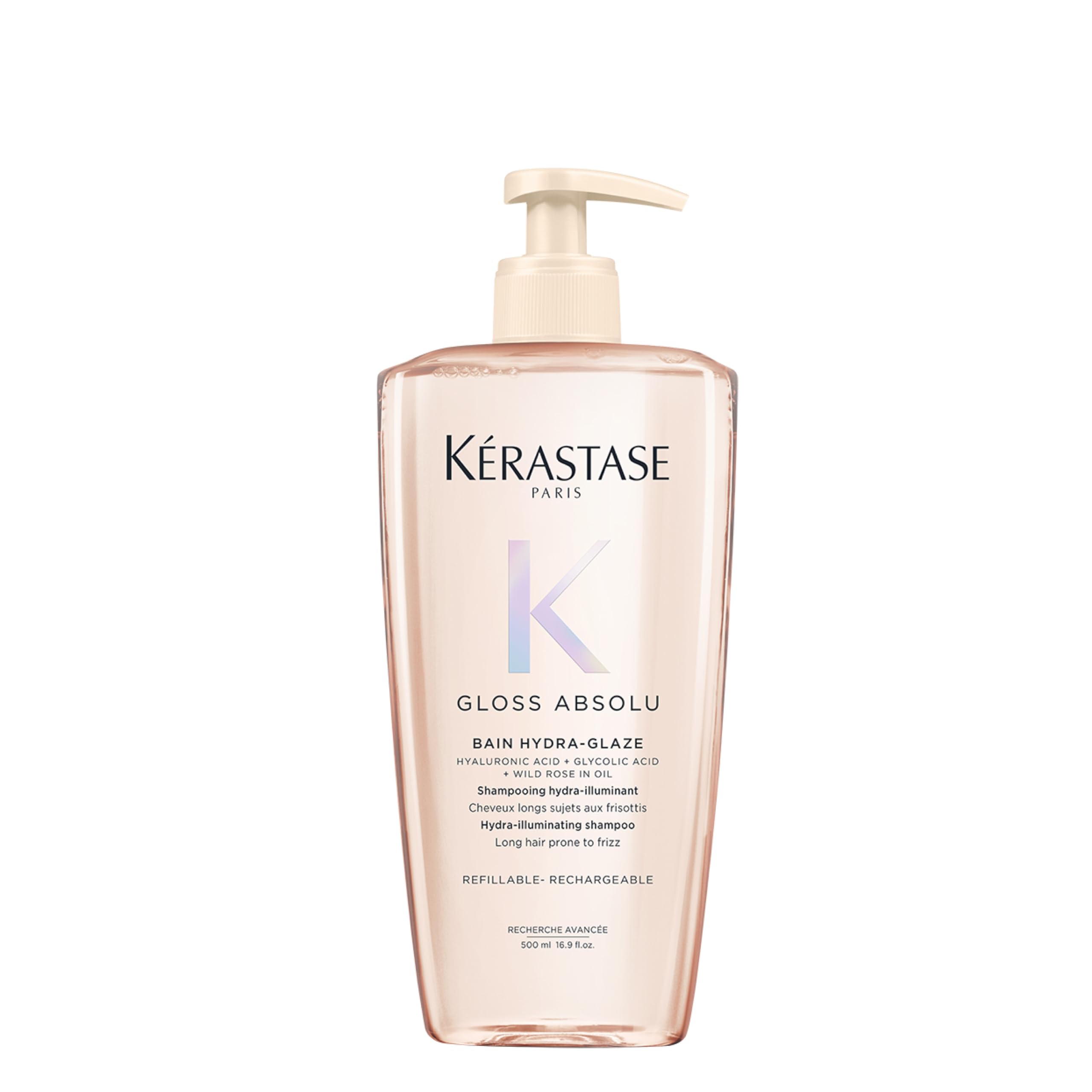 Kerastase Gloss Absolu shampoo bottle refill highlights eco-friendly packaging for glossy hair routine.