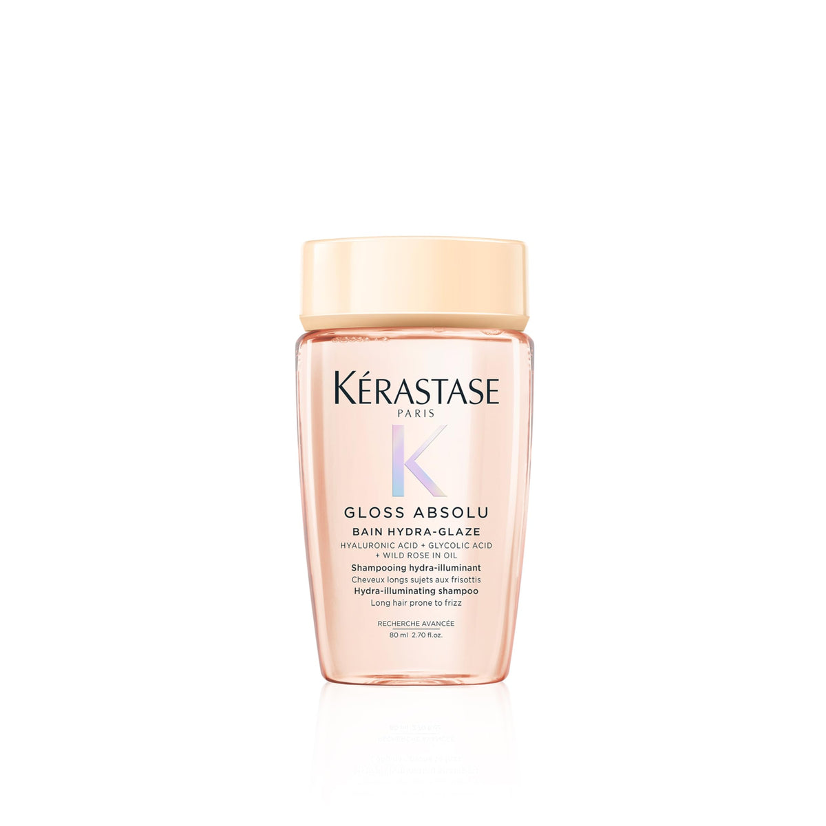 Kerastase Gloss Absolu shampoo bottle shows ultra-smooth glossy finish for bouncy hair