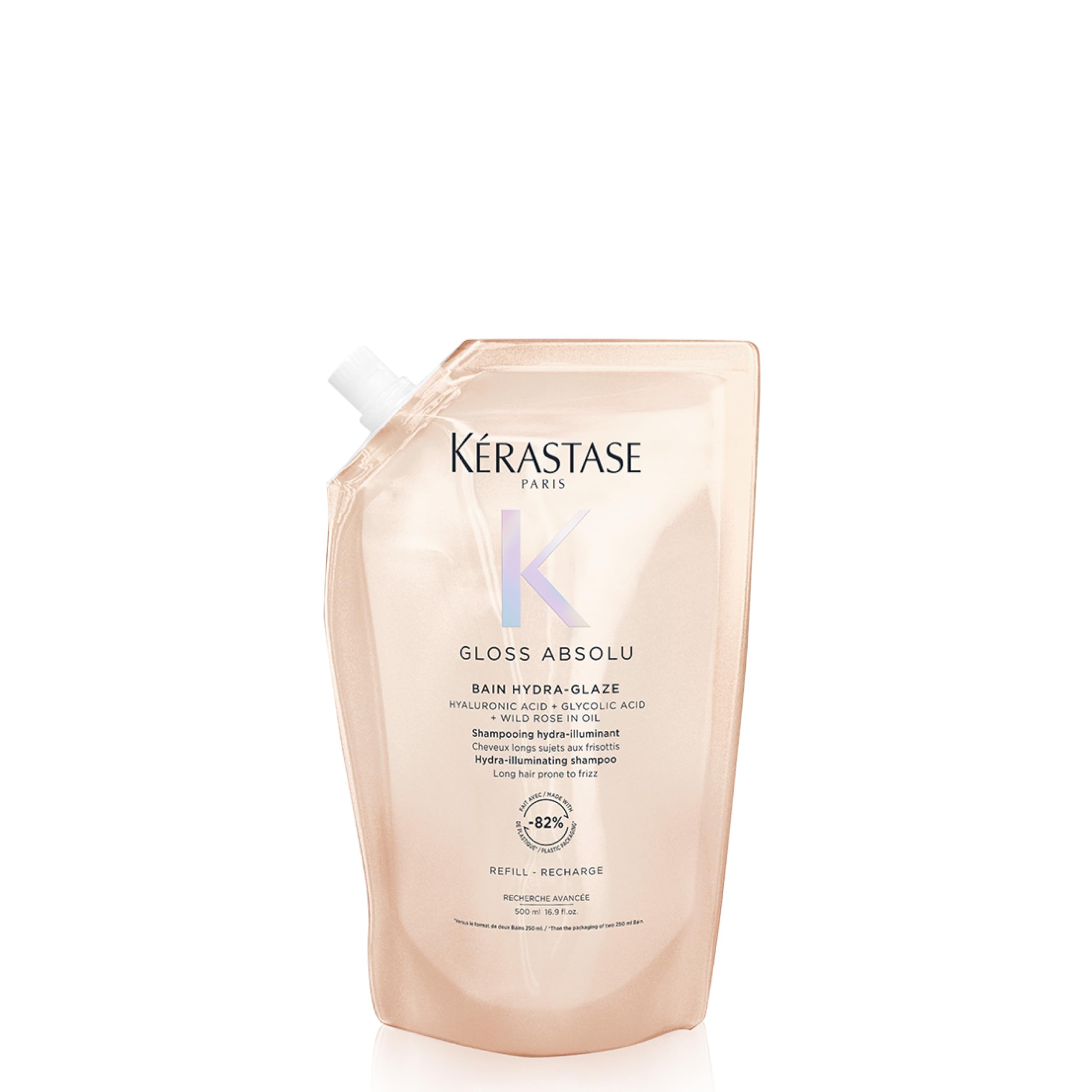 Kerastase Gloss Absolu shampoo bottle showcases premium glossy finish for frizz-free hair