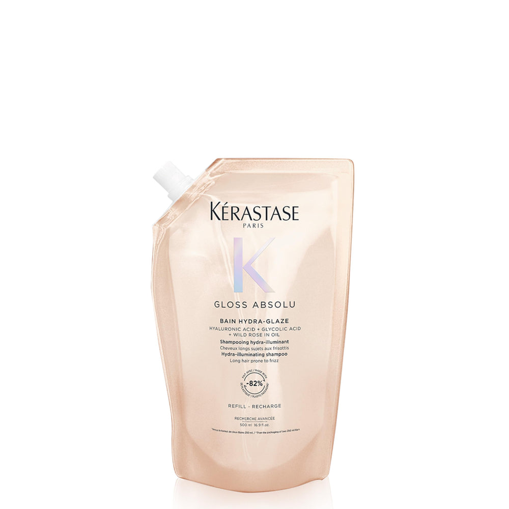 Kerastase Gloss Absolu shampoo bottle showcases premium glossy finish for frizz-free hair