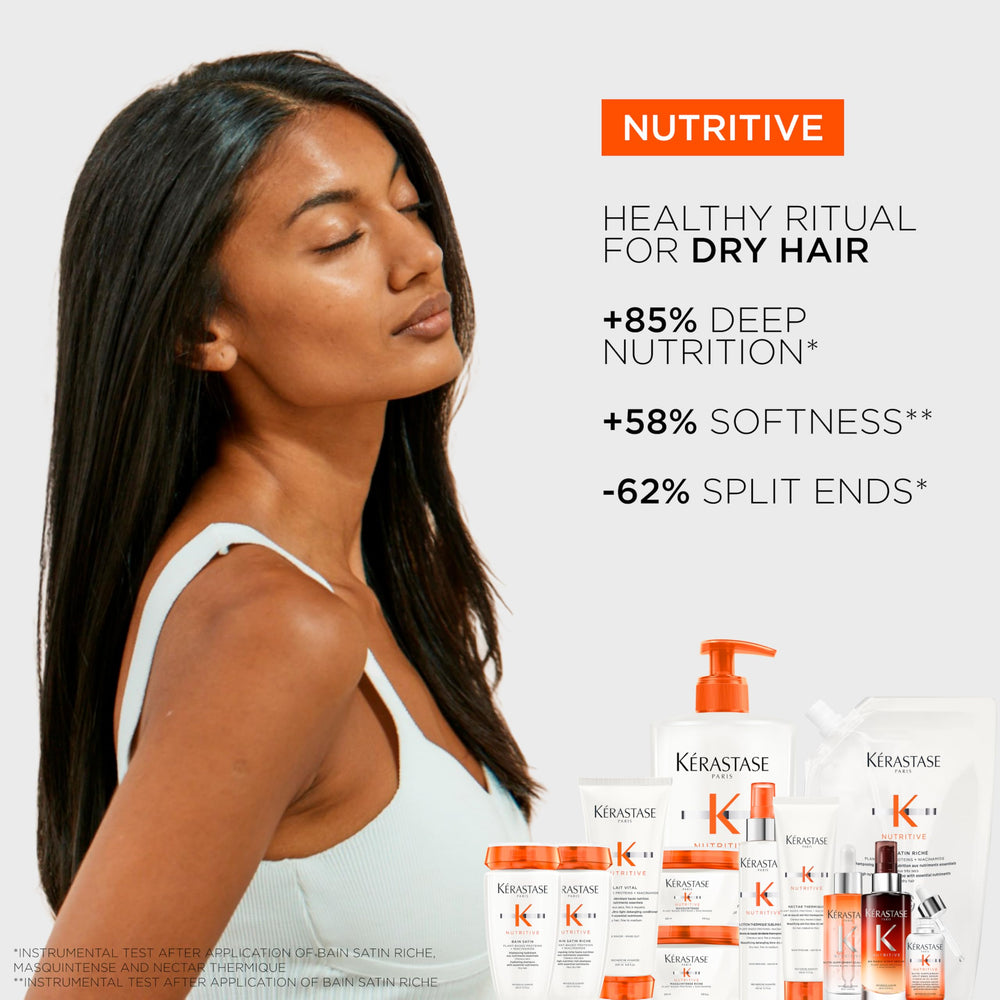 KÉRASTASE Nutritive packaging beside towel-ready hair signals nourishment