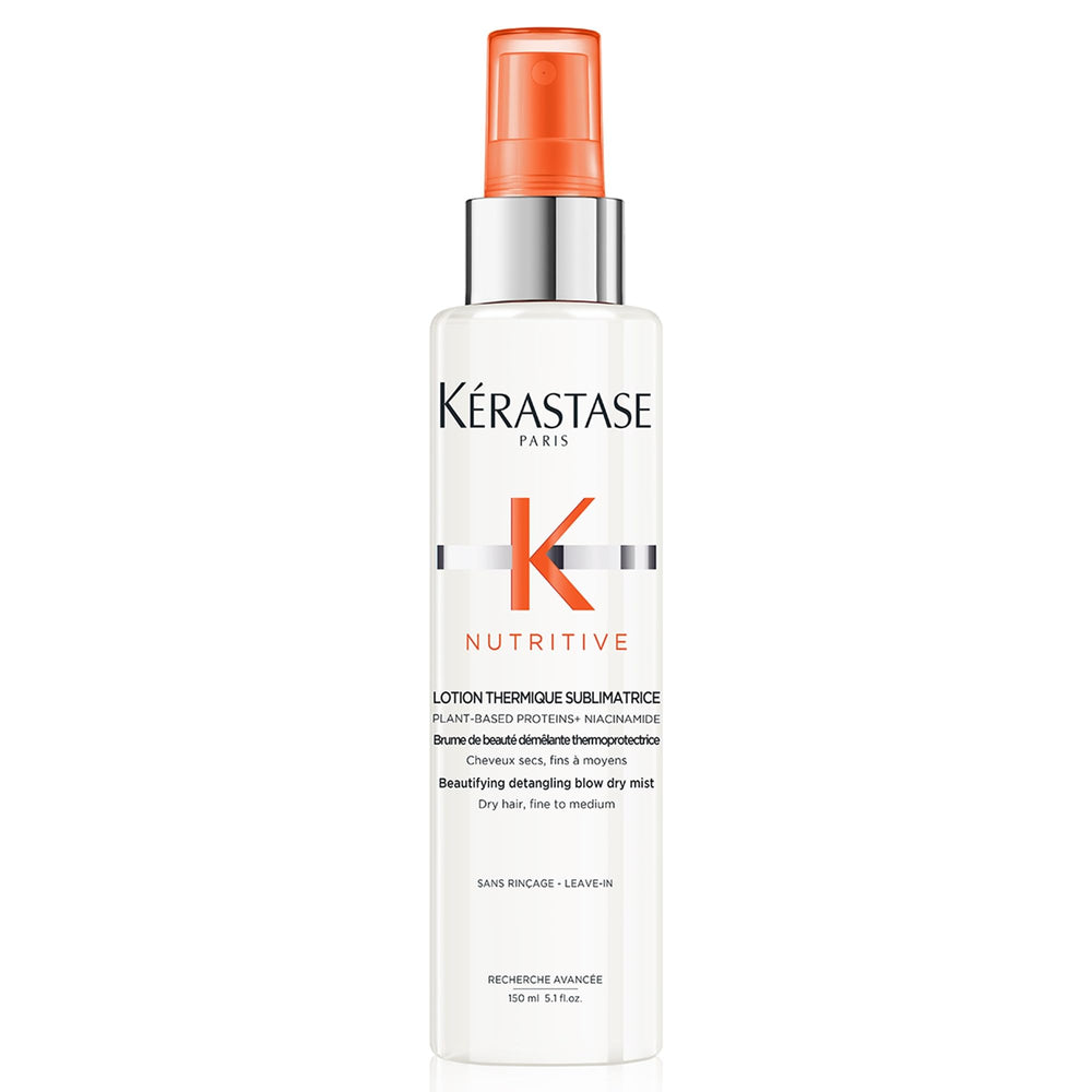Kérastase Nutritive heat protecting spray bottle demonstrates heat protection for dry hair and detangling