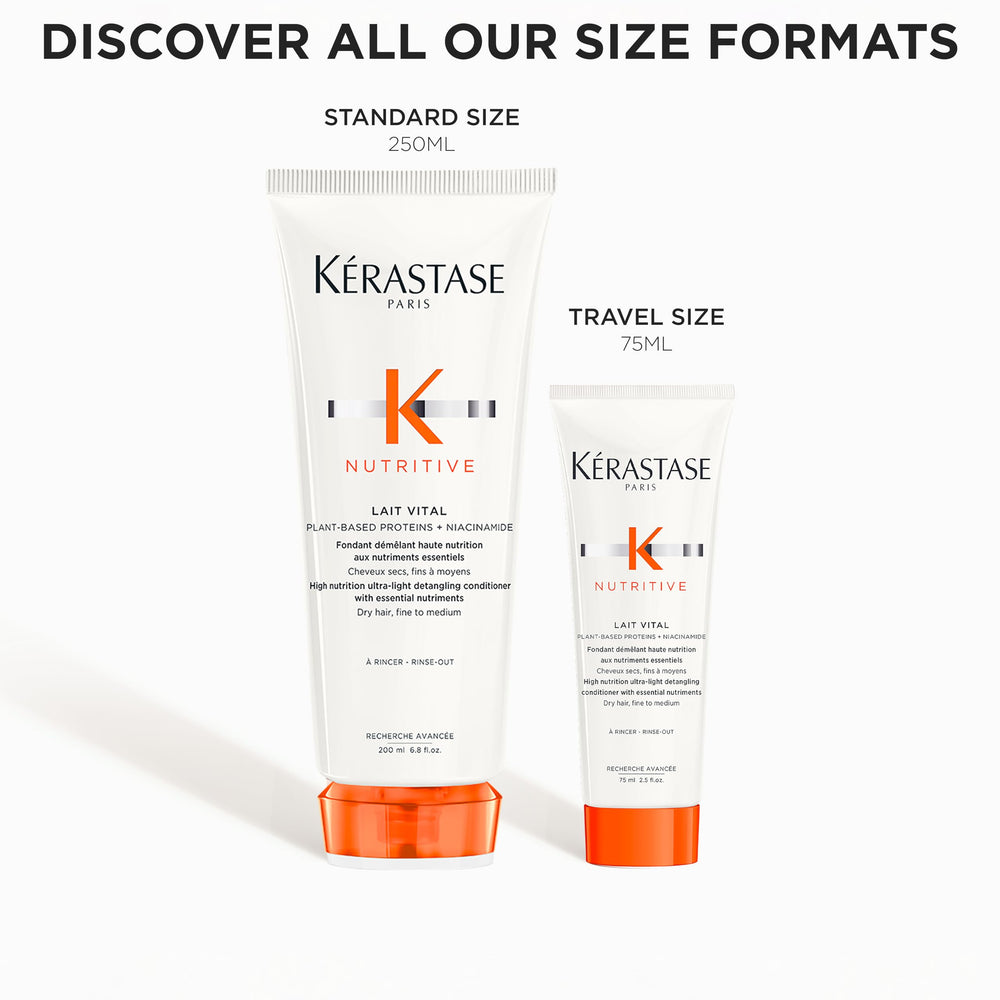 KÉRASTASE Nutritive Lait Vital mini conditioner beside travel essentials.