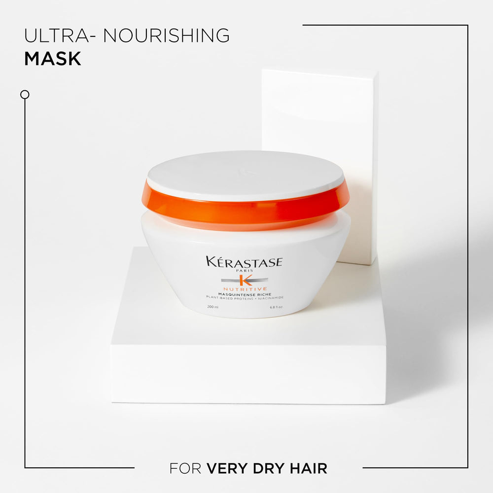 KÉRASTASE Masquintense Riche application shot—weekly treatment for detangling and nourishment.