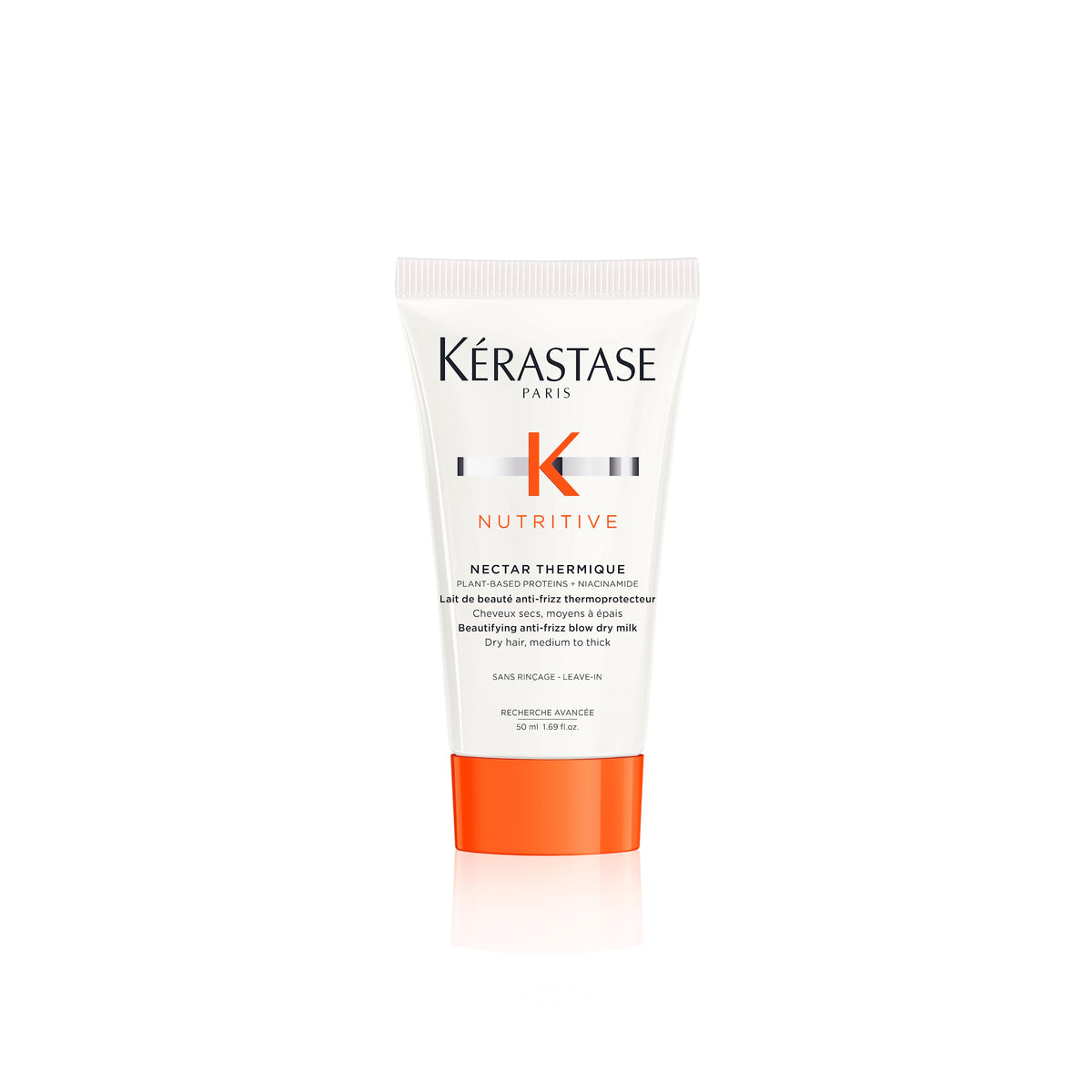 KÉRASTASE Nutritive Nectar Thermique bottle close-up showing heat protection up to 450°F.