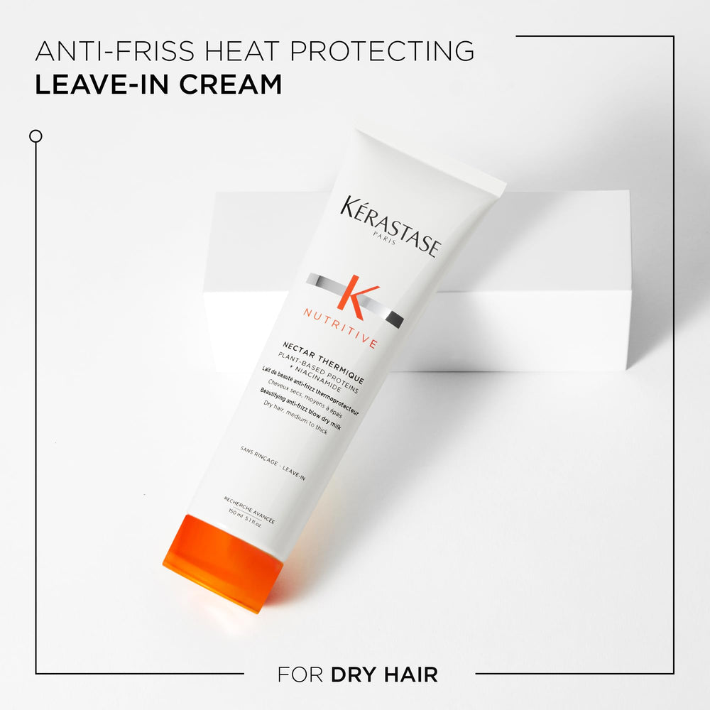 KÉRASTASE Nectar Thermique demonstrates heat protection up to 450°F during styling.