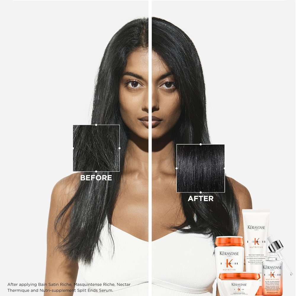 Applying Nutritive serum to towel-dried ends for smoothness.