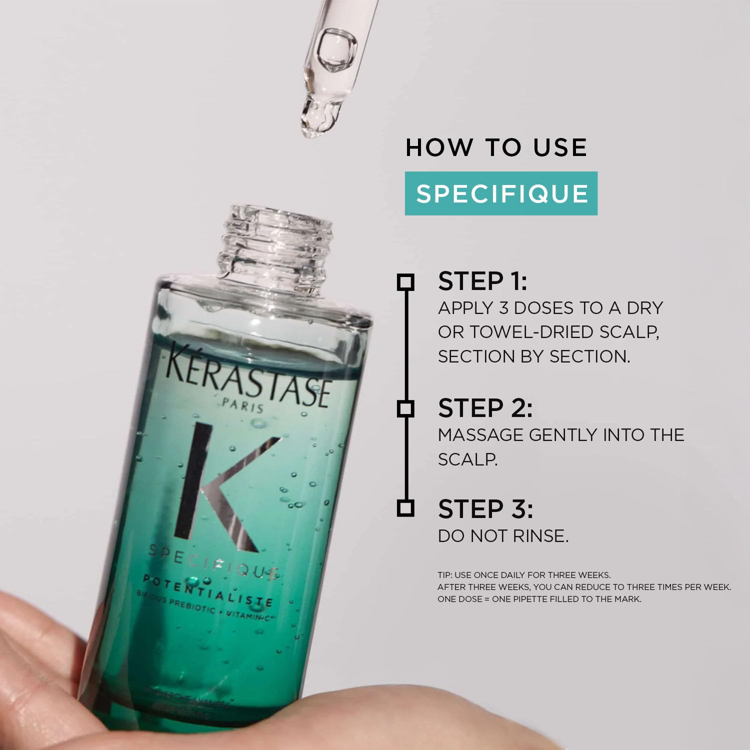 Kerastase Potentialiste three-dose usage close-up for quick scalp care guidance.