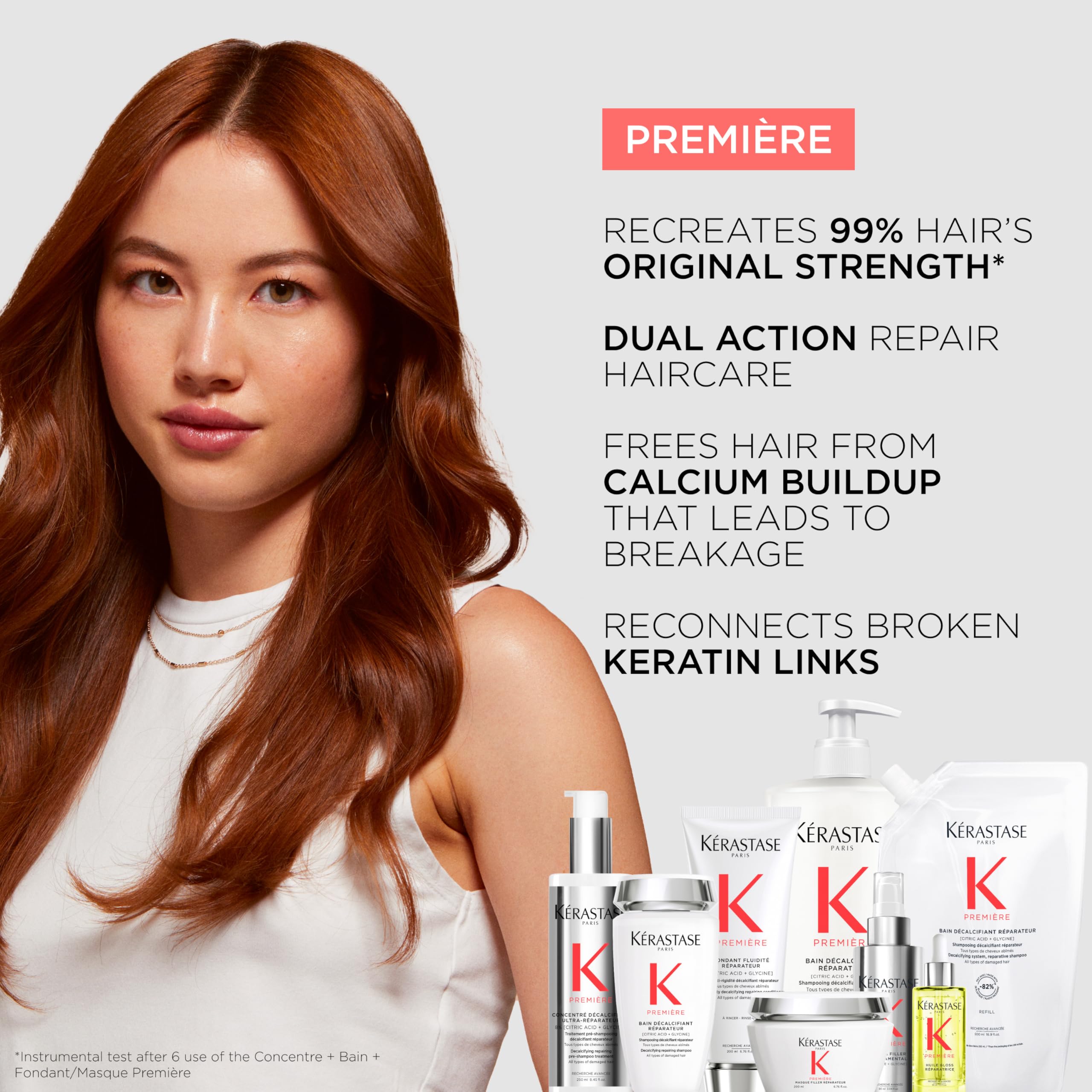 Kerastase Premiere Bain Decalcifiant formula bottle emphasizing repair and strengthened fibers