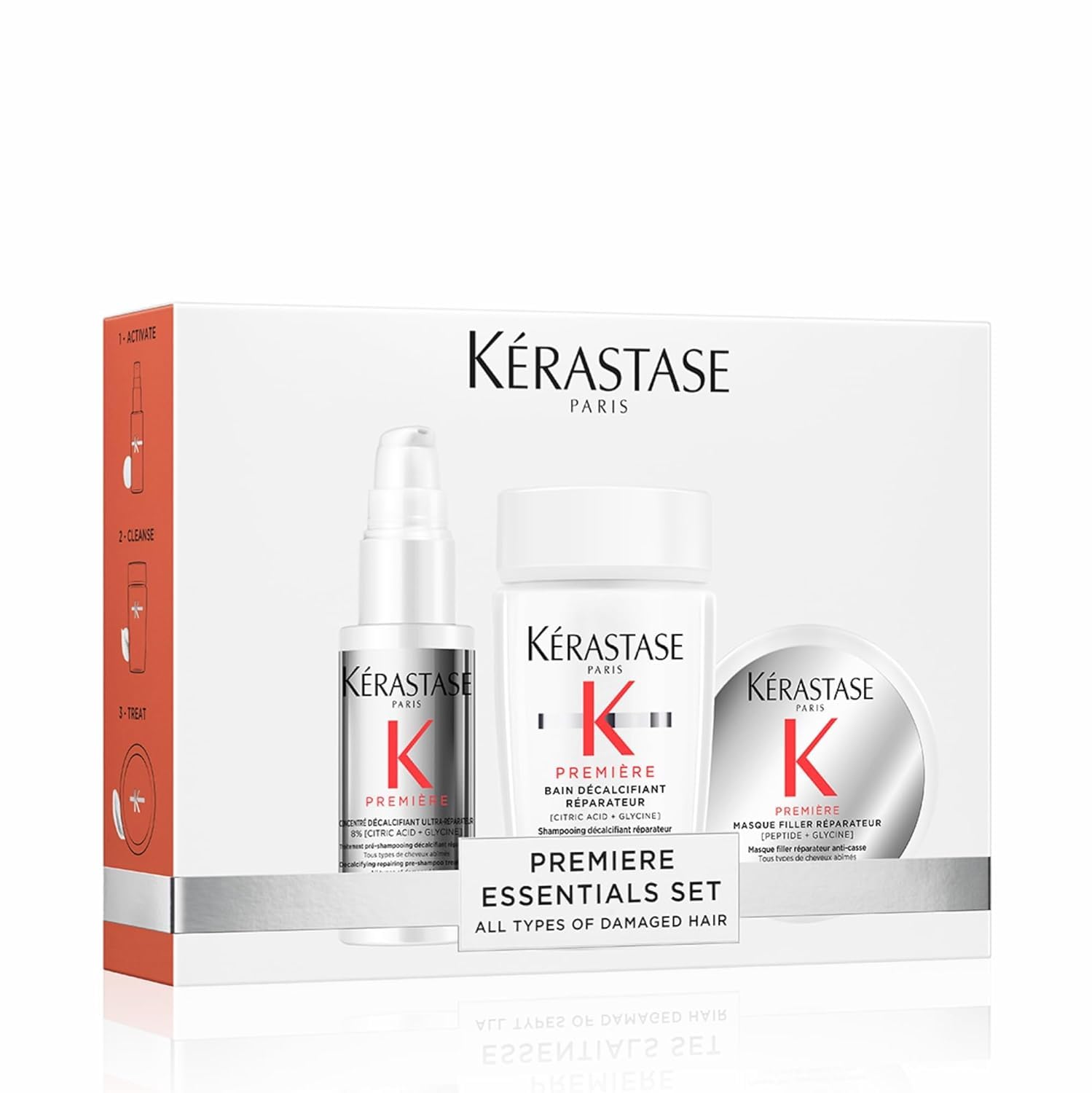 Kérastase Premiere Discovery pre-shampoo bottle shows calcium removal for smoother hair.