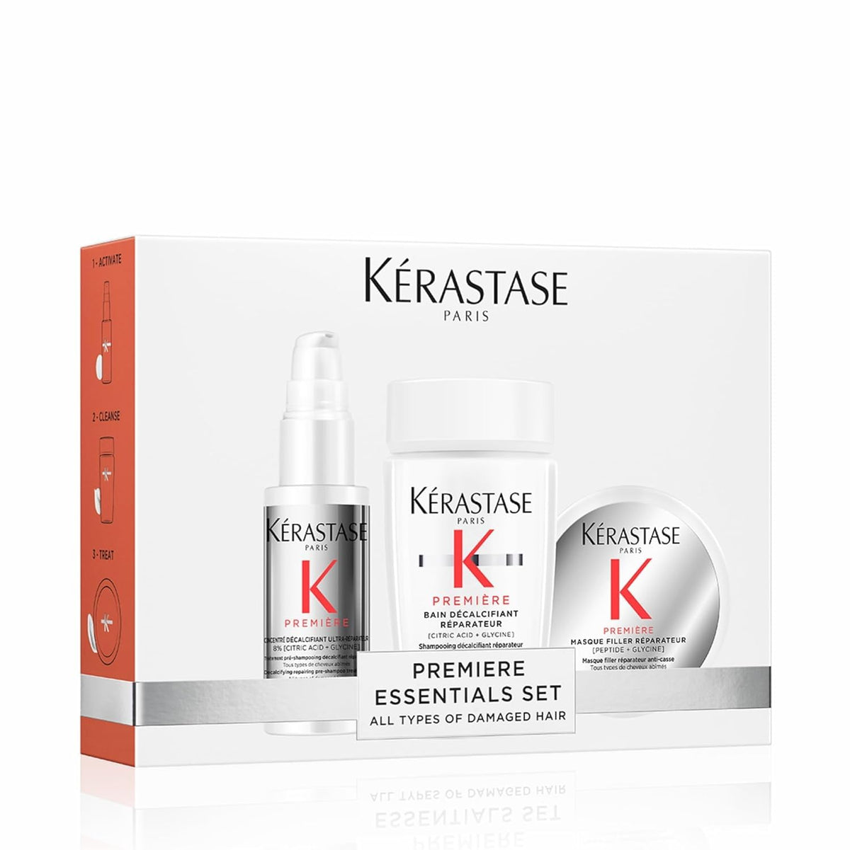 Kérastase Premiere Discovery pre-shampoo bottle shows calcium removal for smoother hair.
