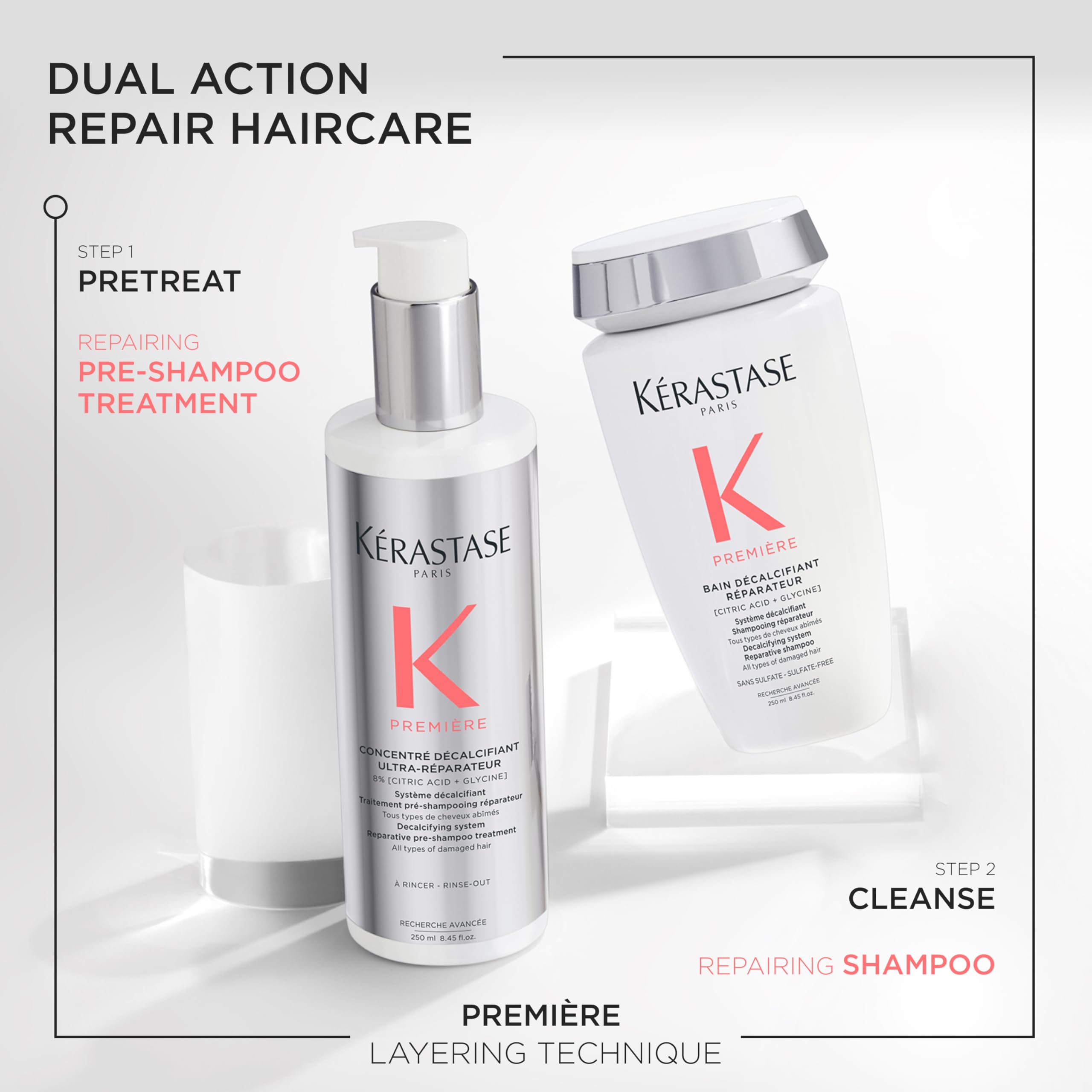 Kérastase Premiere Repair pre-shampoo calcium buildup removal label highlight for mineral cleansing.