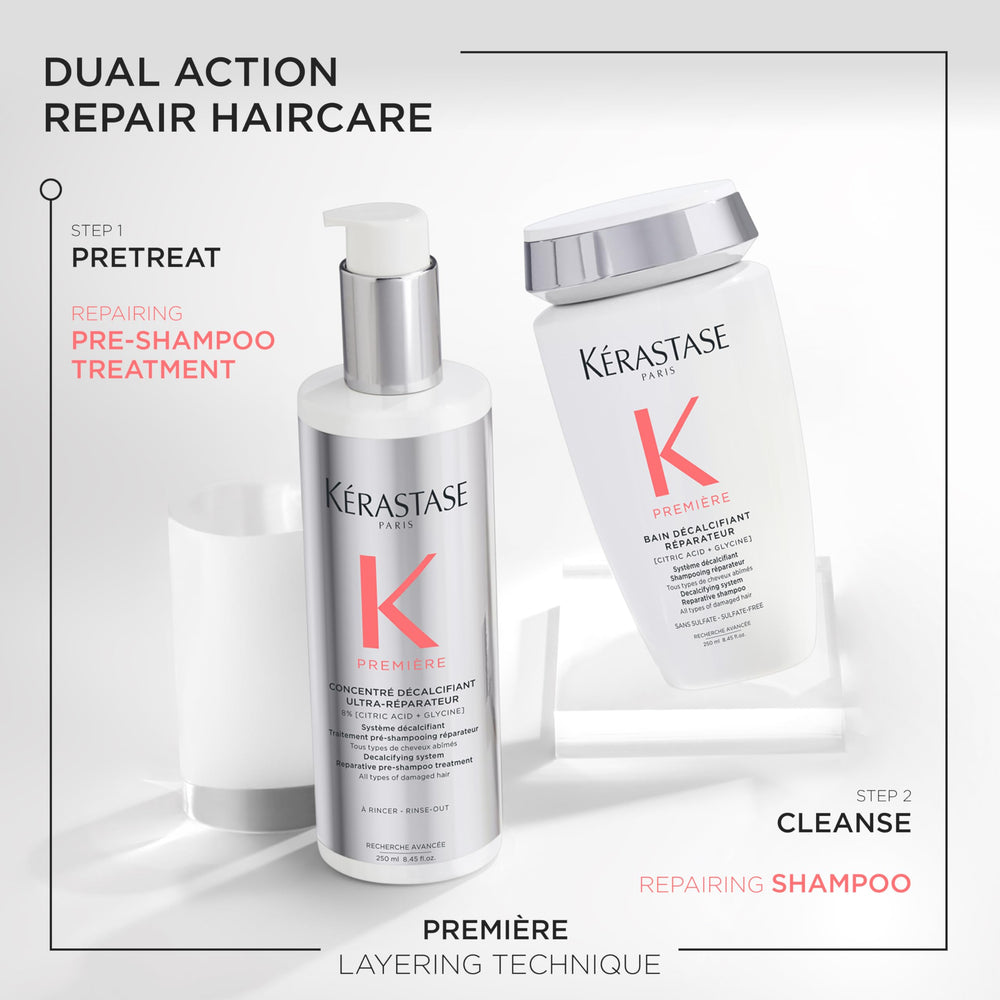 Kérastase Premiere Repair pre-shampoo calcium buildup removal label highlight for mineral cleansing.