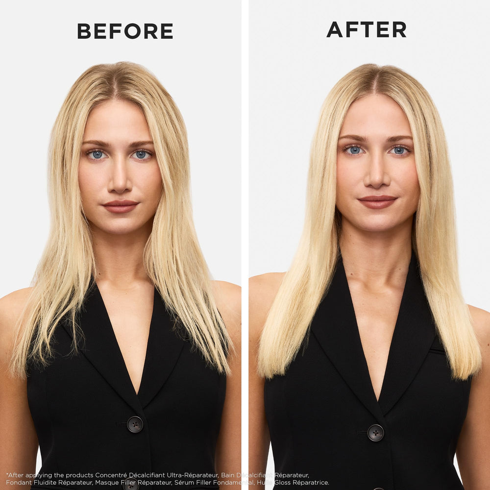 KÉRASTASE Première Repairing Gloss Oil on dry hair suggests heat protection and smoother strands.